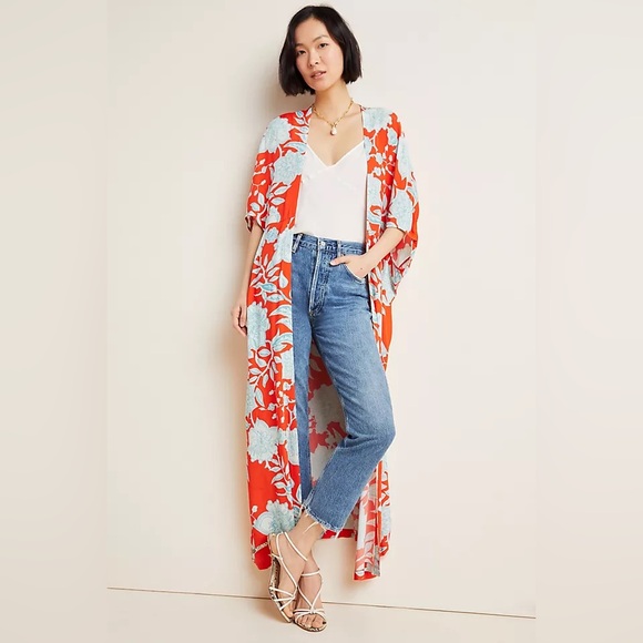 Anthropologie Bel Kazan Priscilla Duster Kimono Caftan Floral Print Women's OS - Picture 1 of 12